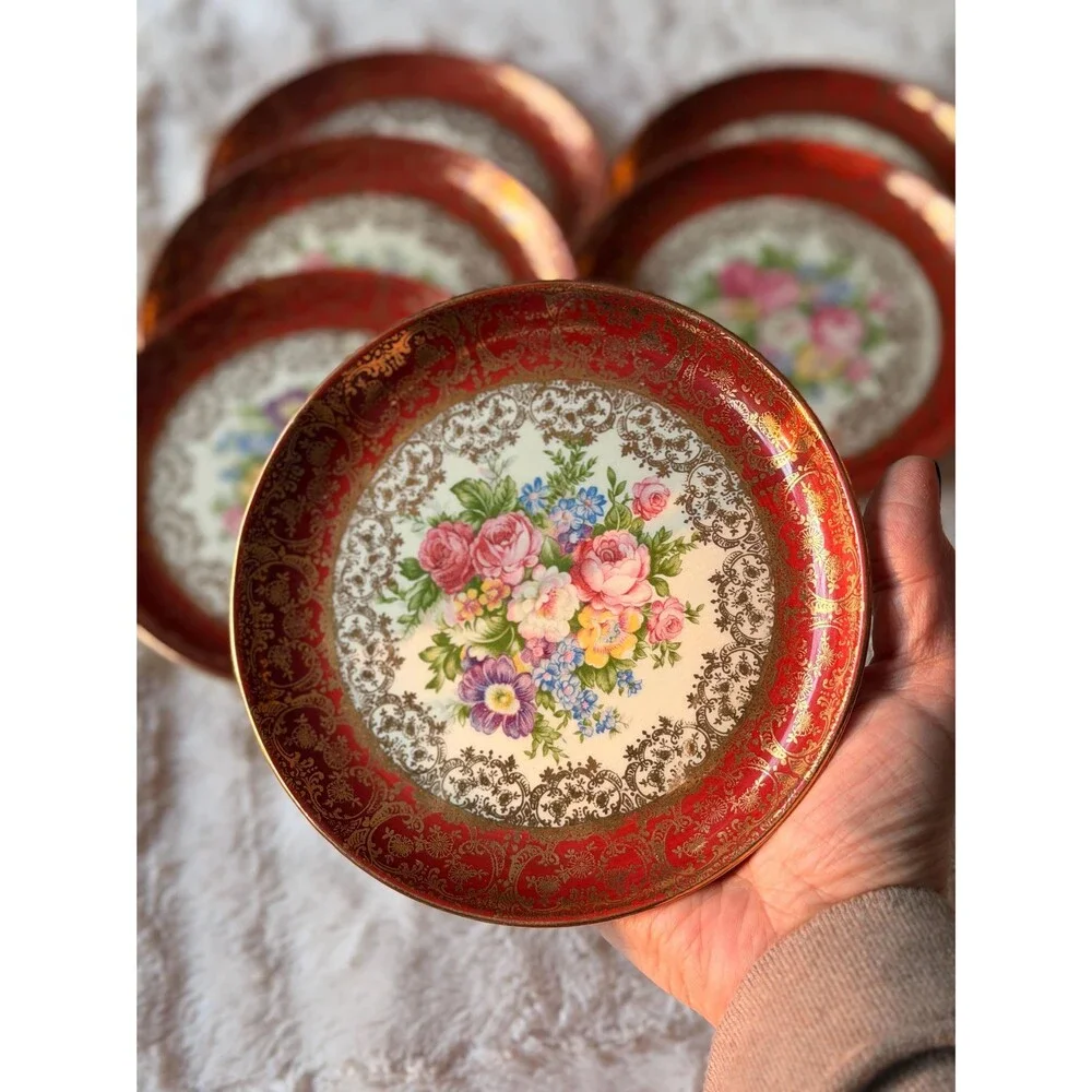 Vintage Floral Dessert Plates with Gold Detail Romantic Tableware set of 6 - Picture 2 of 9